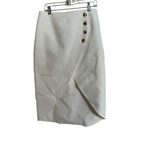 MONA White 100% Linen Asymmetrical Wrap Skirt with Gold Buttons — Size 42 (NWT)